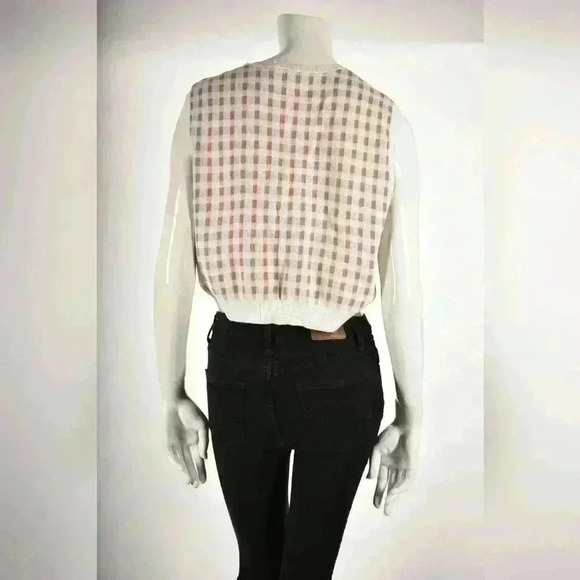 CARVEN PARIS White Beige Knit Gingham Cropped Cotton Vest Large 4/6 Portgual - Picture 3 of 8